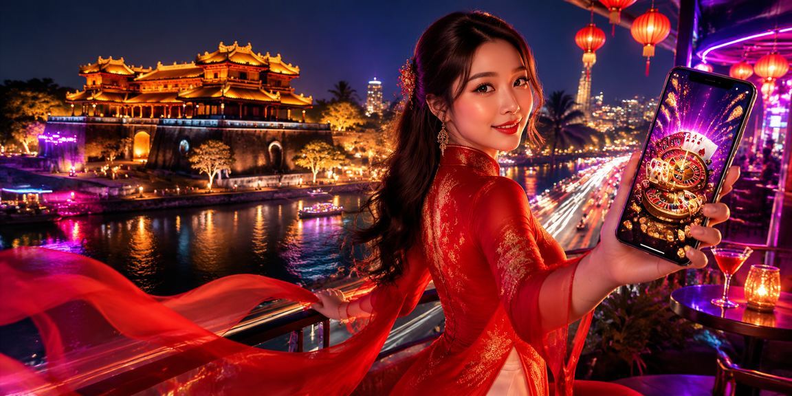 Người phụ nữ mặc áo dài tại Huế dùng điện thoại kiểm tra kết quả xổ số trực tuyến